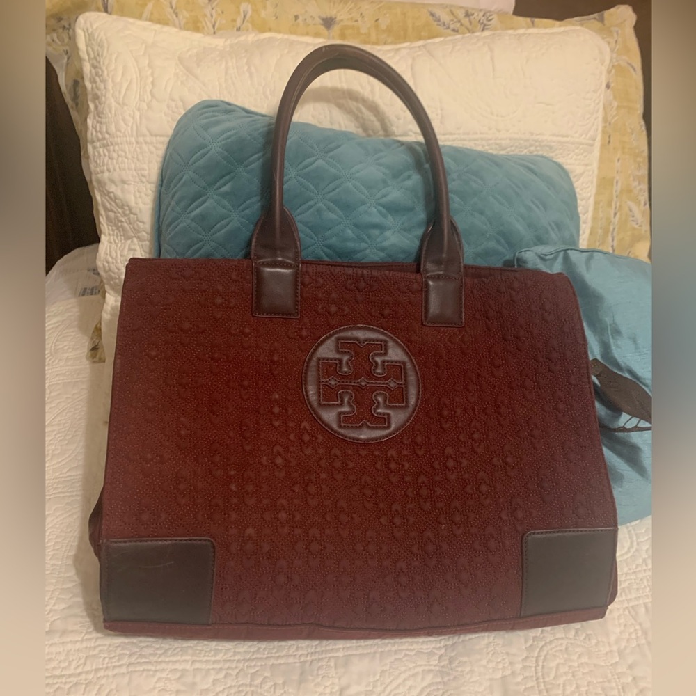 Tory Burch Dark Red Tote with Brown Accents